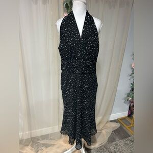 Black White Polka Dot Halter Midi Dress | Side Zip | Size M/L  Flowy Hem